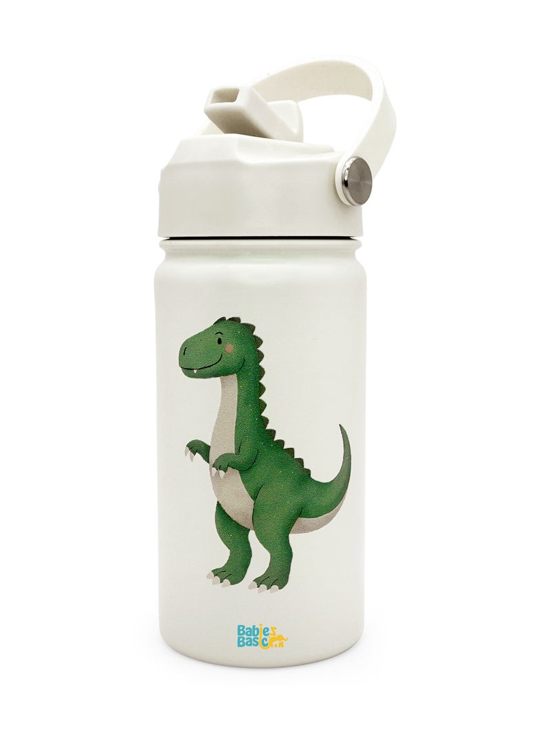 Babies Basic Kids Stainless Steel Water Bottle with Straw - 400ml – Double Wall Vacuum Insulated, Leakproof Thermal Flask, BPA-Free, Reusable Drinking Bottle for School & Travel - Dinosaur Themed - Off White - Image 1