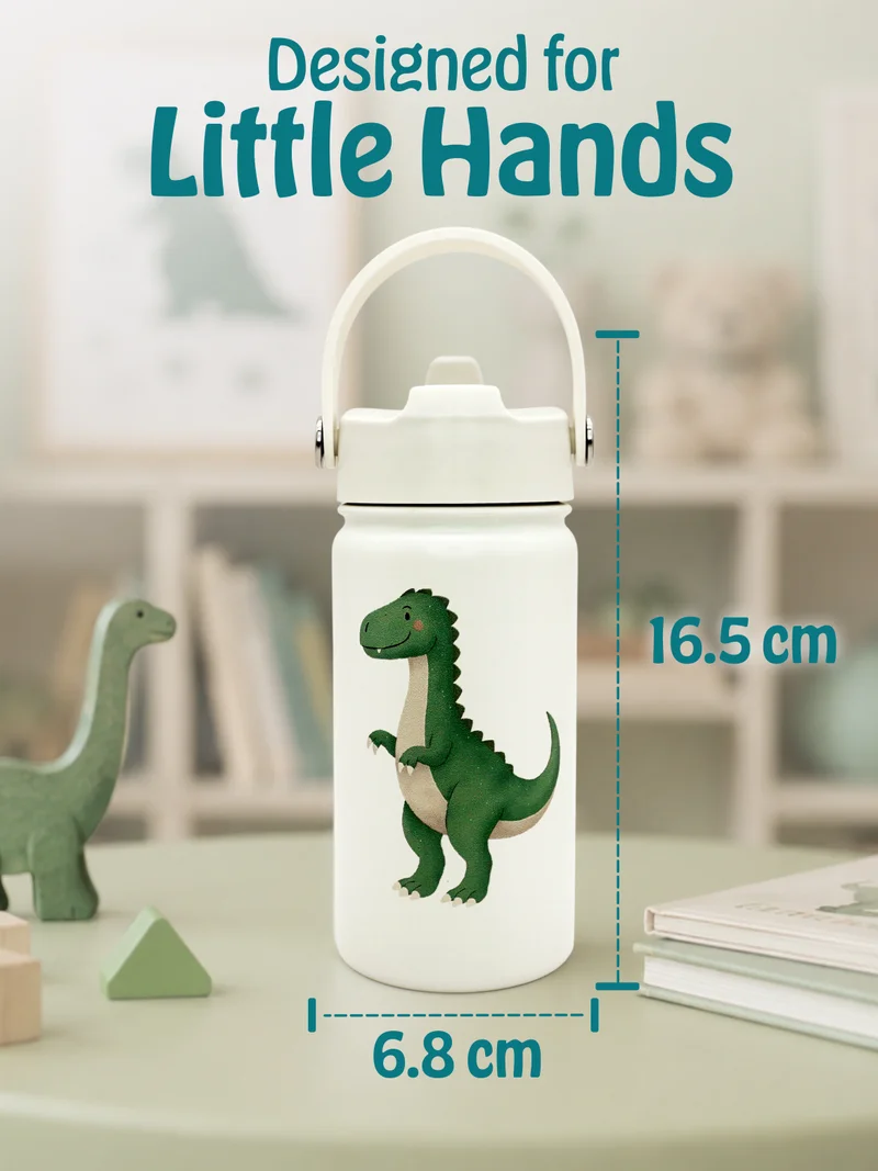 Babies Basic Babies Basic Kids Stainless Steel Water Bottle with Straw - 400ml – Double Wall Vacuum Insulated, Leakproof Thermal Flask, BPA-Free, Reusable Drinking Bottle for School & Travel - Dinosaur Themed - Off White