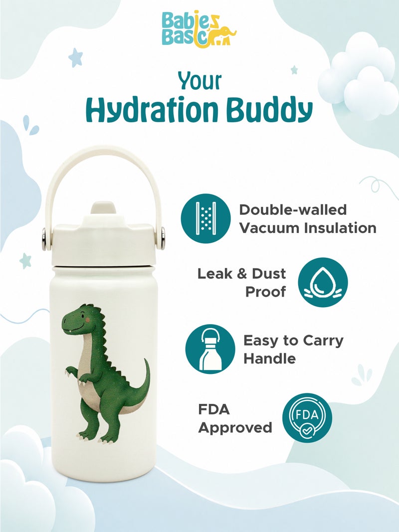 Babies Basic Kids Stainless Steel Water Bottle with Straw - 400ml – Double Wall Vacuum Insulated, Leakproof Thermal Flask, BPA-Free, Reusable Drinking Bottle for School & Travel - Dinosaur Themed - Off White - Image 5