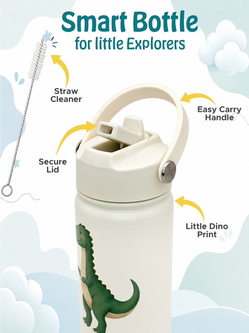Babies Basic Kids Stainless Steel Water Bottle with Straw - 400ml – Double Wall Vacuum Insulated, Leakproof Thermal Flask, BPA-Free, Reusable Drinking Bottle for School & Travel - Dinosaur Themed - Off White - Image 4