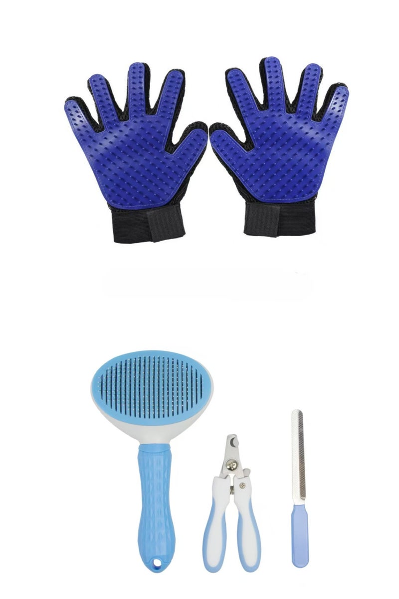 5-Piece (Cat Hair Brush, Cat Nail Clipper with Nail File, Two Jerking Gloves) Kit for Cats Puppies Small Pets Grooming and Shedding Pet Hair Removal Cat Claw Care Scissors Set - Image 1