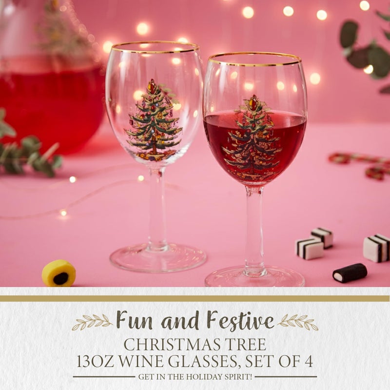 Spode Christmas Tree 13oz Wine Glasses, Set of 4 - Festive Holiday Drinkware with Gold-Rimmed Seasonal Designs, Ideal for Red or White Wine at Christmas Dinners and Family Gatherings - Image 2