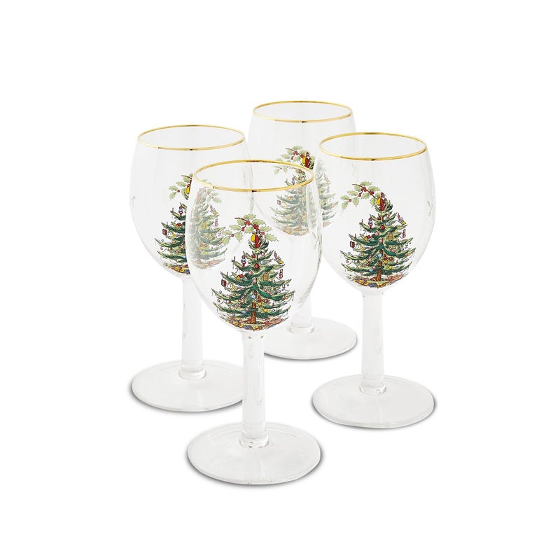 Spode Christmas Tree 13oz Wine Glasses, Set of 4 - Festive Holiday Drinkware with Gold-Rimmed Seasonal Designs, Ideal for Red or White Wine at Christmas Dinners and Family Gatherings - Image 1