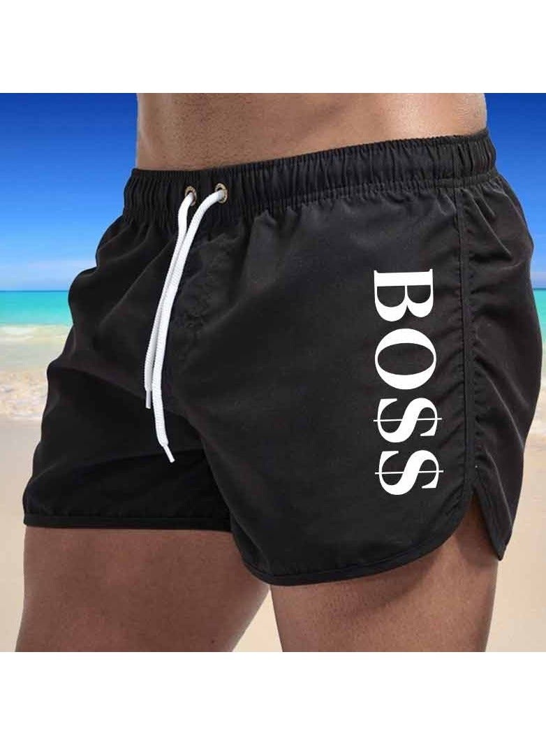 BOSS شورت سباحة سريع الجفاف للرجال من بوس أكتوبوس بشعار متباين، أسود - Image 1