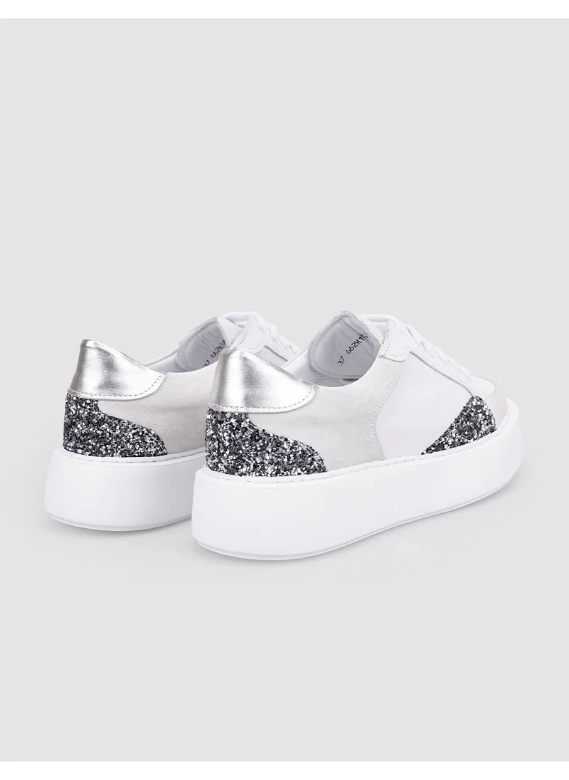 Cabani 100% Genuine Leather White Sequin Detailed Lace-Up Women's Sneakers