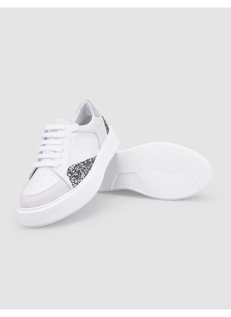 Cabani 100% Genuine Leather White Sequin Detailed Lace-Up Women's Sneakers