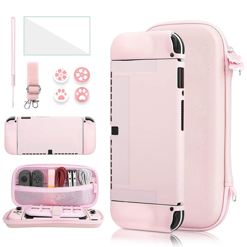 GLDRAM Carrying Case for Nintendo Switch OLED 9 in 1 Cute Accessories Kit with Travelling Case Soft TPU Cover Glass Screen Protector Thumb Grip Caps Wrist Band Shoulder Strap for Girls Pink