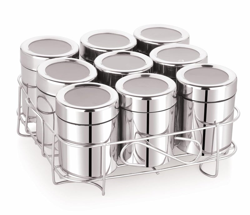 MILTLIFE Square Stainless Steel Masala Box Spice Box with SeeThrough Lid Masala Dani for Kitchen Masala Dabba Steel 9 Containers 9 Spoons for Organized Spice Storage 175 ml Each Container Silver - Image 2