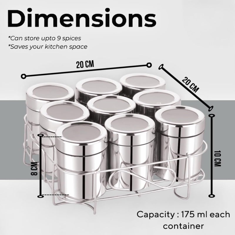 MILTLIFE Square Stainless Steel Masala Box Spice Box with SeeThrough Lid Masala Dani for Kitchen Masala Dabba Steel 9 Containers 9 Spoons for Organized Spice Storage 175 ml Each Container Silver - Image 3