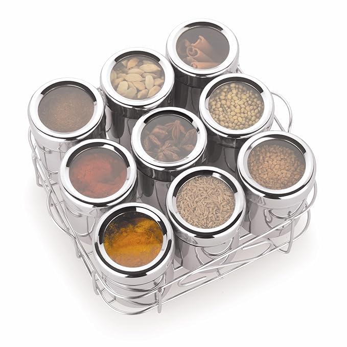 MILTLIFE Square Stainless Steel Masala Box Spice Box with SeeThrough Lid Masala Dani for Kitchen Masala Dabba Steel 9 Containers 9 Spoons for Organized Spice Storage 175 ml Each Container Silver - Image 1