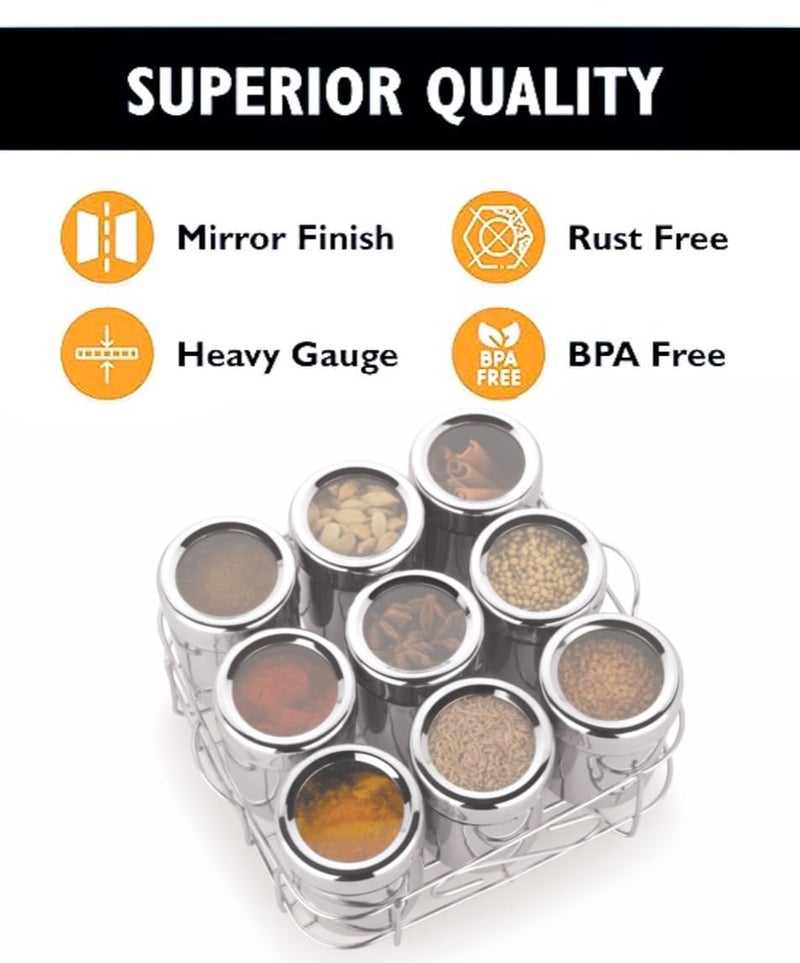 MILTLIFE Square Stainless Steel Masala Box Spice Box with SeeThrough Lid Masala Dani for Kitchen Masala Dabba Steel 9 Containers 9 Spoons for Organized Spice Storage 175 ml Each Container Silver - Image 4