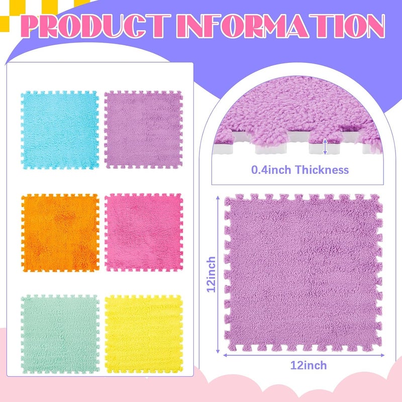 Tinideya 36 Pcs Plush Interlocking Carpet Tiles, 12 x 12 x 0.4 Inch EVA Foam Puzzle Mat Squares, Soft Washable Anti Slip Floor Mat for Bedroom, Nursery, Playroom, Living Room, Macaron Colors - Image 2