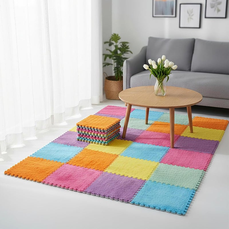 Tinideya 36 Pcs Plush Interlocking Carpet Tiles, 12 x 12 x 0.4 Inch EVA Foam Puzzle Mat Squares, Soft Washable Anti Slip Floor Mat for Bedroom, Nursery, Playroom, Living Room, Macaron Colors - Image 1