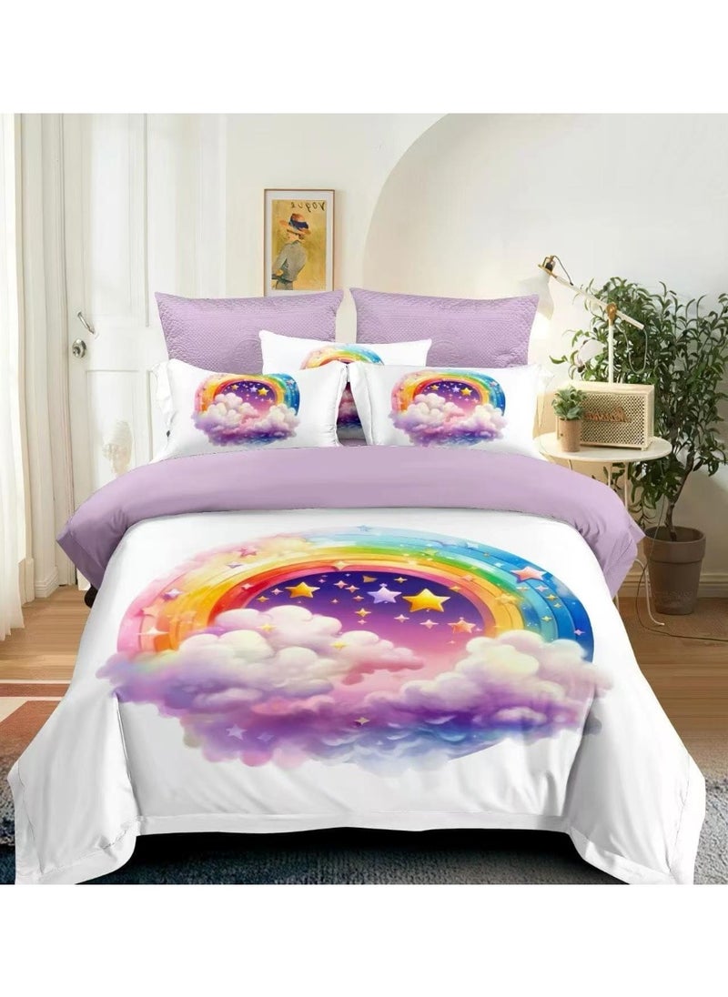 llwoo Kids Rainbow Cloud Bedding Set – Single Size Duvet Cover, Fitted Sheet & 2 Pillowcases – Soft & Colorful Bed Set for Girls & Boys, Dreamy Rainbow Theme Bedroom Decor 