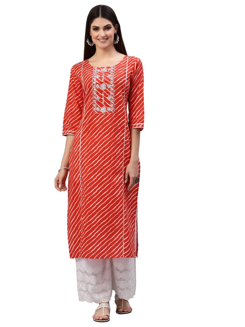 Stylum Women's Lehariya Printed Cotton Straight Kurta Orange - Image 3
