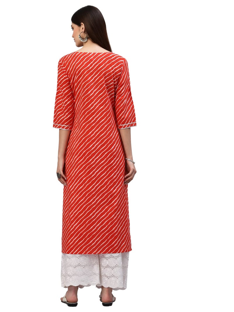 Stylum Women's Lehariya Printed Cotton Straight Kurta Orange - Image 2