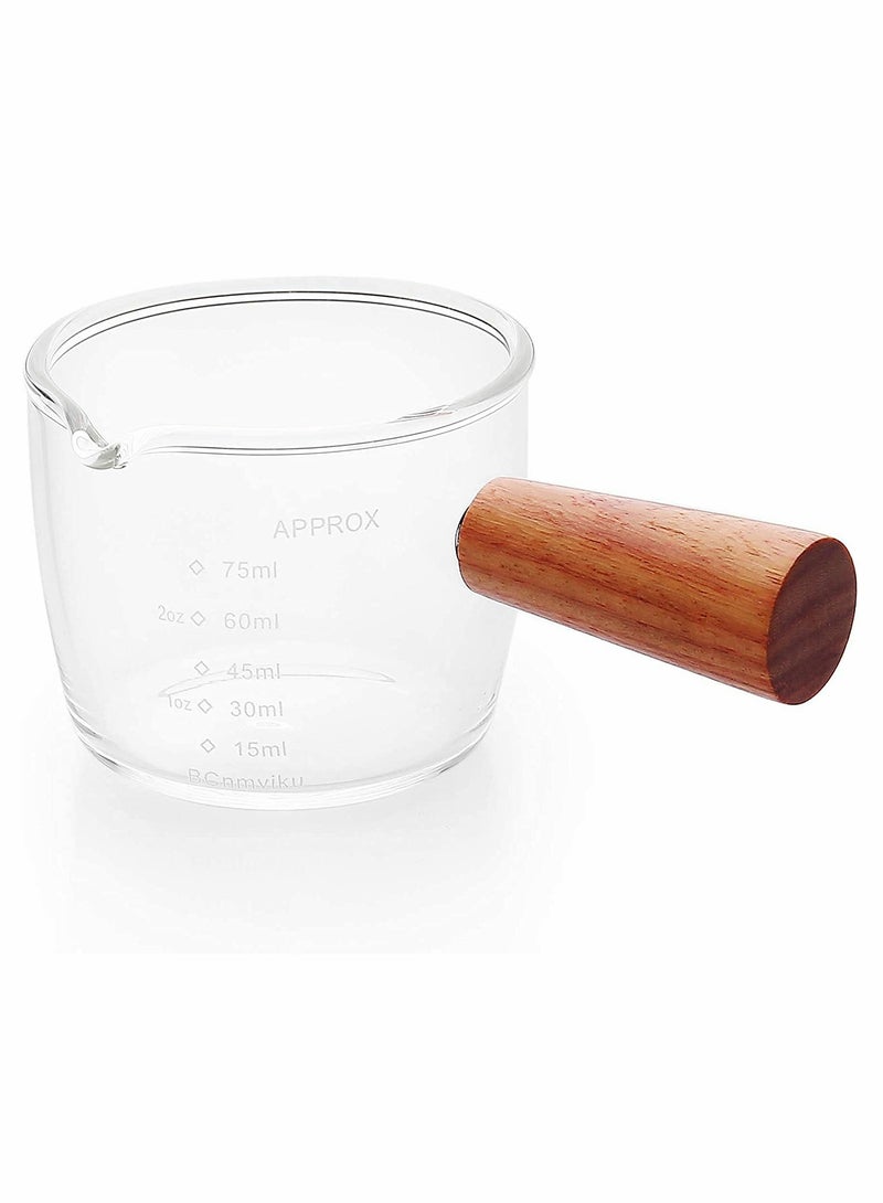 Excefore 1 Pack Double Spouts Measuring Triple Pitcher Milk Cup with Wood Handle 75ML Espresso Shot Glasses Parts Clear Glass,Espresso Shot Glasses Triple Pitcher Barista Double Spouts Clear Glass - Image 1