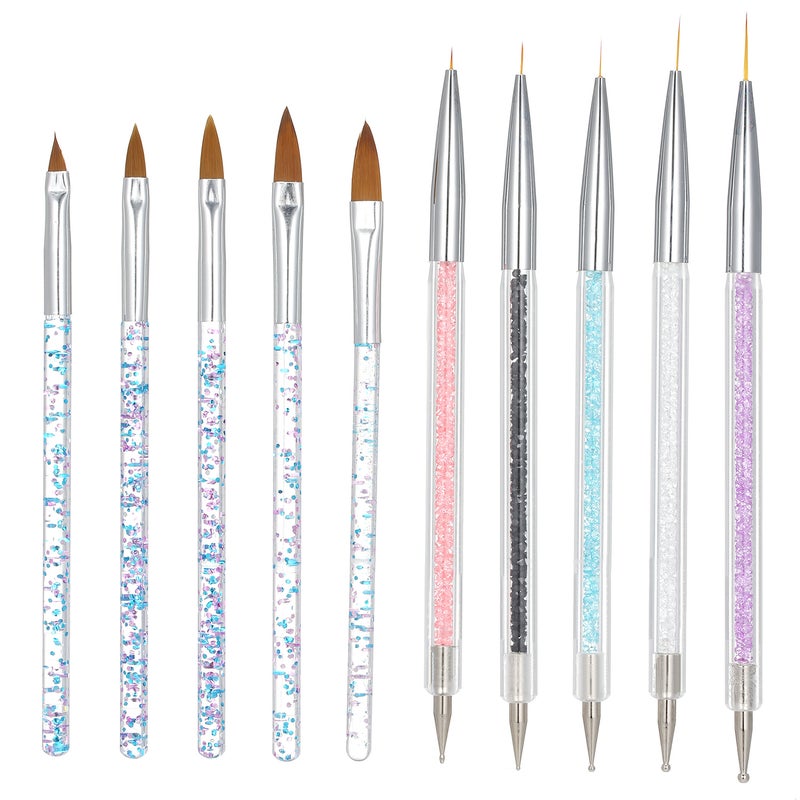 10 Pcs Nail Art Brushes Kit Dual-end Nail Liner Pen Nail Dotting Pen Nail Art Tips Builder Acrylic Rhinestone Handles - Image 1