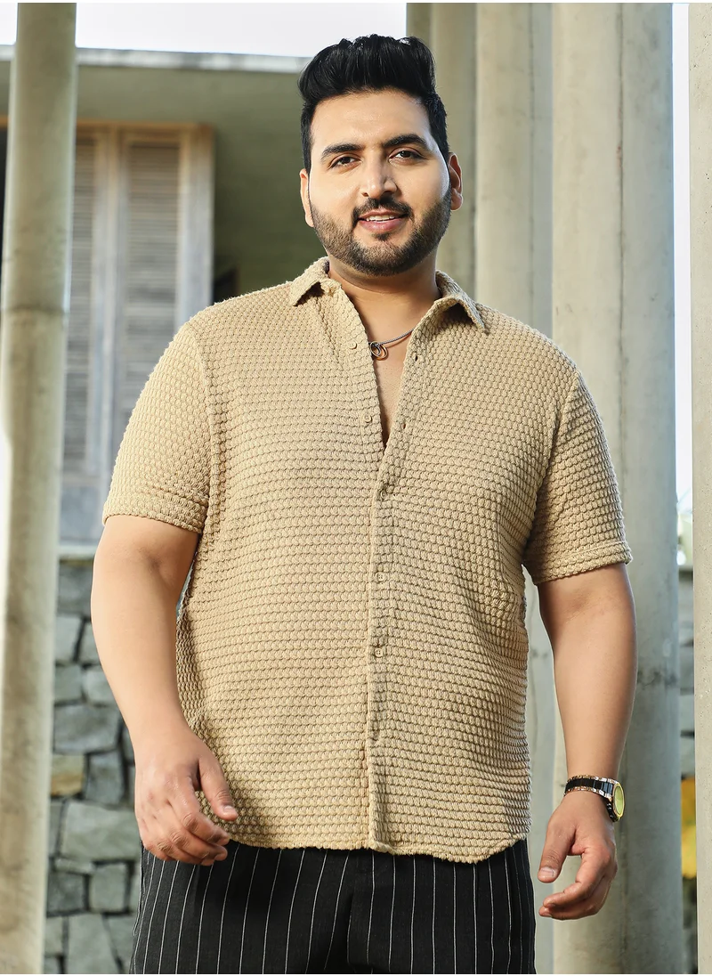 Instafab Plus Instafab Plus Men's Buff Beige Oval-Tactile Knit Shirt For Casual Wear | Spread Collar | Short Regular Sleeves | Button Closure | Plus Size Shirt Crafted With Comfort Fit For Everyday Wear