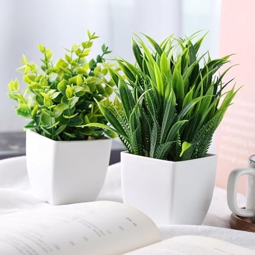 Go Hooked Artificial Plants Small, Mini Artificial Plants Indoor for Home Farmhouse Bathroom Shelf Dcor Height 17CM Green and White 8 (Design May Vary) - Image 4