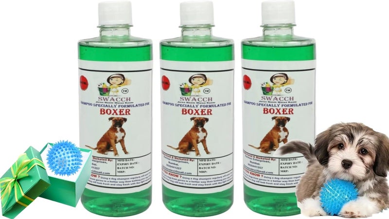 swacch Shampoo | Puppy Safe Shampoo | PH Balanced | Ditch to Itch for Boxer Dog Shampoo 500ml Pack of 3 (Neem Alovera) + Spike Ball Chew Toy Combo Pack - Image 1