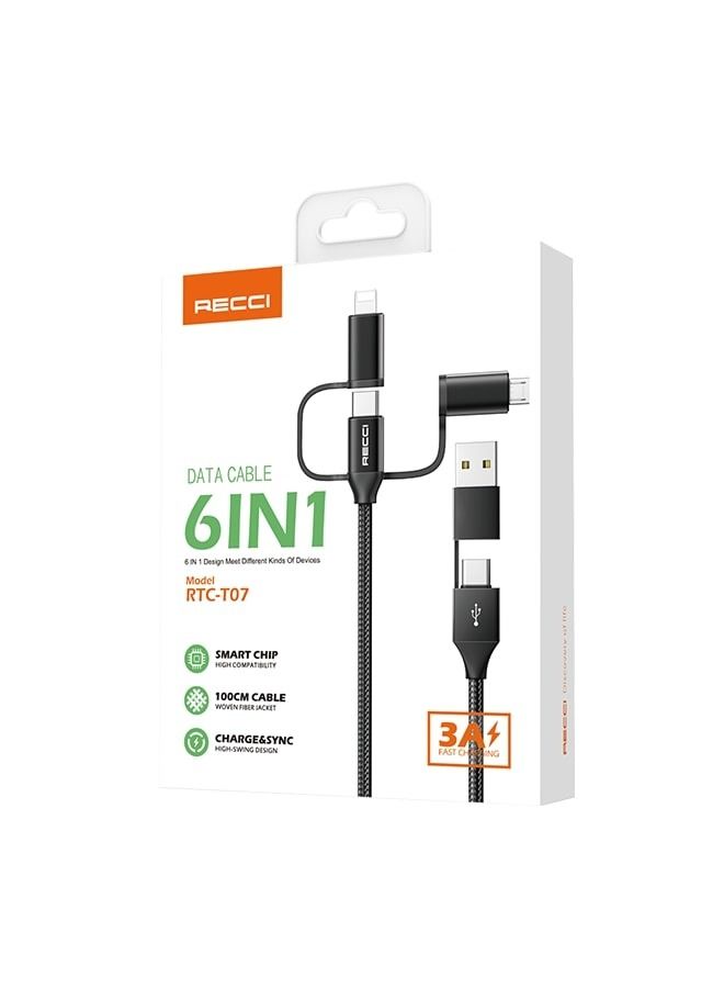 Recci Multi-use charging cable, 6 in 1, 100cm, Lightning, Micro Type C, USB, and can twist the connection type as you want, black - Image 5