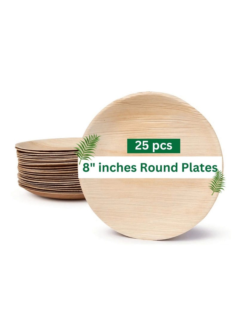 ARECA Piya's Planet Areca Leaf 8 inch Round Shallow Plate Pack of 25,100% Compostable, Disposable Eco-Friendly Biodegradable Like Bamboo wood Plates. Party, Wedding, Event Plates, Microwave & Oven Safe - Image 1