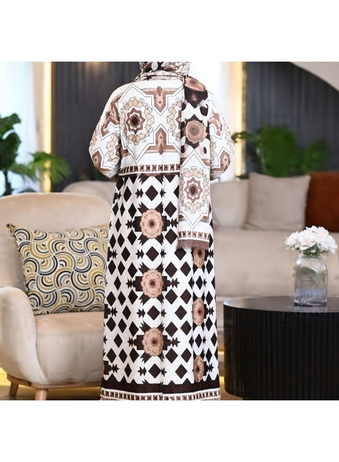 اسدال حريمي واسع مشجر بنقشة هندسية تراثية — جلابية صلاة محتشمة مريحة ستايل عملي للبيت والصلاة والخروجات الخفيف مناسب لصلاه العيد كود 3019 - Image 4