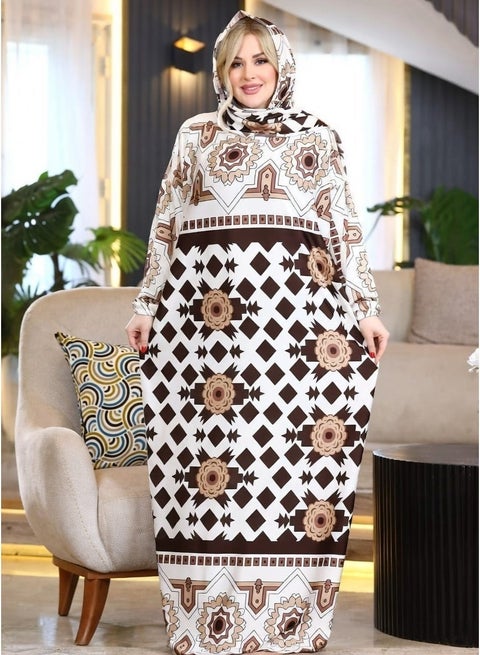Women's Wide Floral Abaya with a Traditional Geometric Pattern — A comfortable and stylish modest prayer abaya, perfect for home, prayer, and casual outings. Suitable for Eid prayers. Code 3019