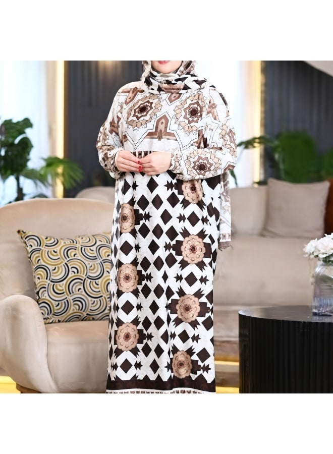 اسدال حريمي واسع مشجر بنقشة هندسية تراثية — جلابية صلاة محتشمة مريحة ستايل عملي للبيت والصلاة والخروجات الخفيف مناسب لصلاه العيد كود 3019 - Image 2
