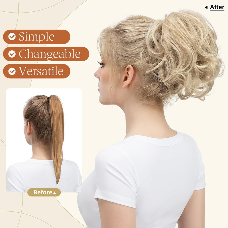 youngways Claw Clip Short Ponytail Messy Bun Hair Piece Bendable Hair Branch Extensions Fluffy Wavy Curly Synthetic Versatile Sunny Blonde Hairpieces - Image 2