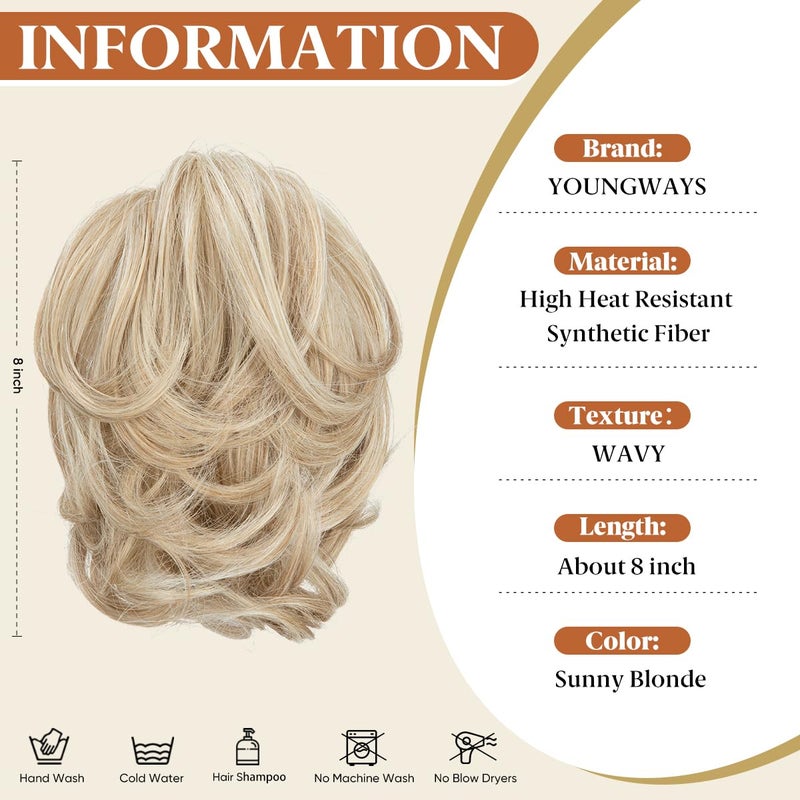youngways Claw Clip Short Ponytail Messy Bun Hair Piece Bendable Hair Branch Extensions Fluffy Wavy Curly Synthetic Versatile Sunny Blonde Hairpieces - Image 3
