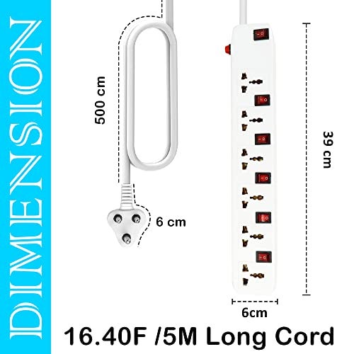 FEDUS 5 Meter Long Extension Board Extension Box|Spike Guard 6 Socket 6 Switch Junction Box With Switch,Extension Cords Cord,Spike Buster,Extension Board With Wire (6 Socket 6 Switch),240 Volts,White - Image 4