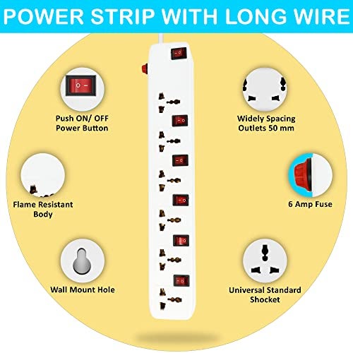 FEDUS 5 Meter Long Extension Board Extension Box|Spike Guard 6 Socket 6 Switch Junction Box With Switch,Extension Cords Cord,Spike Buster,Extension Board With Wire (6 Socket 6 Switch),240 Volts,White - Image 5
