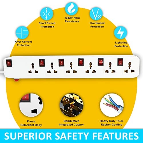 FEDUS 5 Meter Long Extension Board Extension Box|Spike Guard 6 Socket 6 Switch Junction Box With Switch,Extension Cords Cord,Spike Buster,Extension Board With Wire (6 Socket 6 Switch),240 Volts,White - Image 3