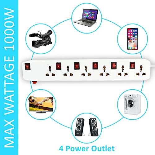 FEDUS 5 Meter Long Extension Board Extension Box|Spike Guard 6 Socket 6 Switch Junction Box With Switch,Extension Cords Cord,Spike Buster,Extension Board With Wire (6 Socket 6 Switch),240 Volts,White - Image 2