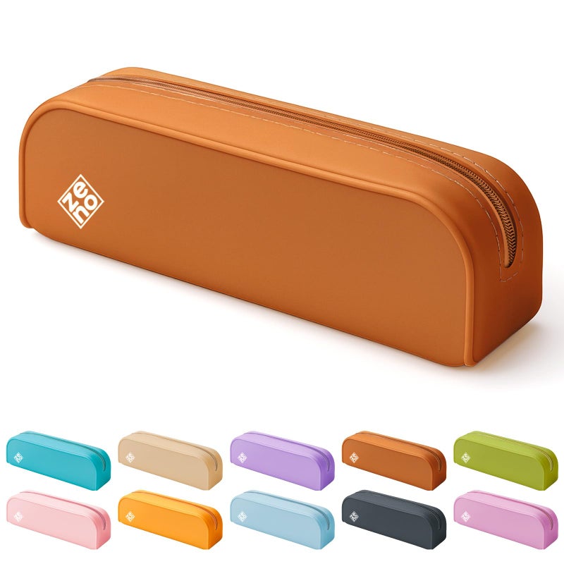 ZENO Silicone Pencil Case Aesthetic Pencil Pouch for Women Teens Cute Pen Case Orange Makeup Bag Travel Pouch Small Stationary Organizer Pencil Box Terracotta Shore