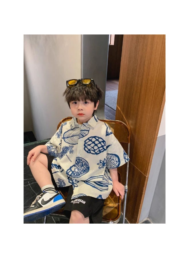 [four-sided Elastic Printing] Children's Short-sleeved Shirts, Summer Thin Styles, Small And Medium-sized Kidsren's Style Tops, Boys' Shirts, Korean Style