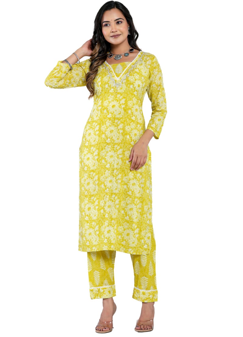 rytras Women's Cotton Printed Straight Kurta with Palazzo Pant and Dupatta Set(RYT569,New,Yellow,M) - Image 5