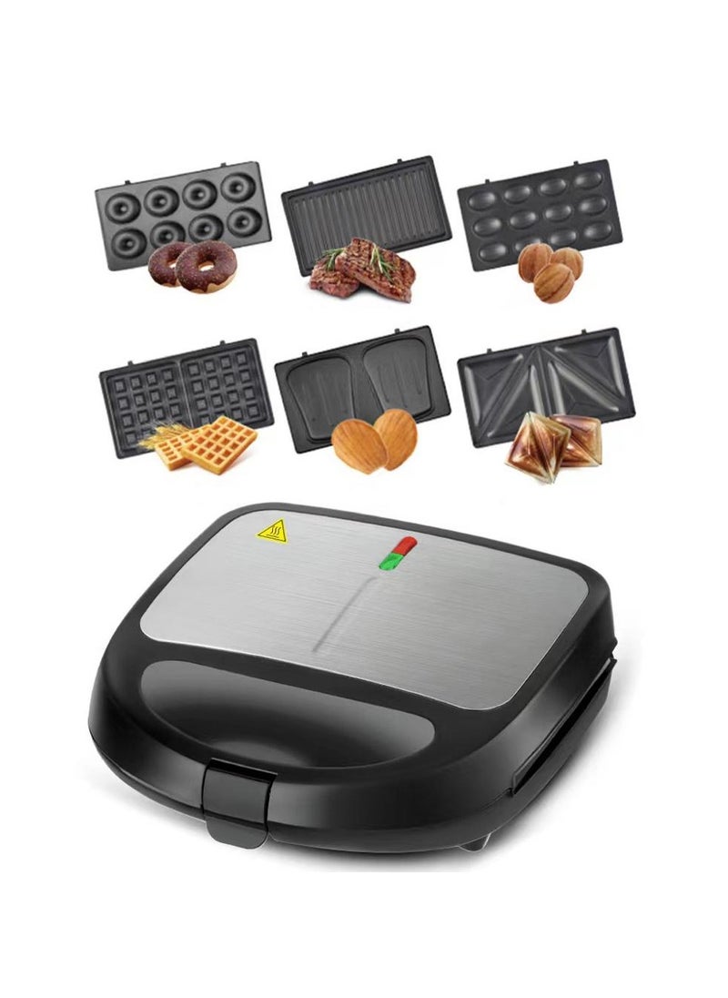 Generic - 6-in-1 Electric Sandwich Maker, Breakfast Machine with 6 Removable Non-Stick Plates, Double-Sided Cooking, Panini Press, Waffle Maker, Grill, Griddle, Easy Clean, Compact Kitchen Appliance - Image 1