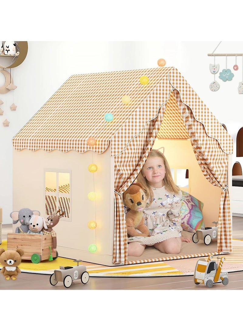 دوميني خيمة لعب كبيرة للأطفال داخلية وخارجية مزودة بإضاءة LED، خيمة لعب خارجية للأطفال الصغار، خيمة قلعة الأميرة، ألعاب غرفة اللعب الداخلية للأطفال للأولاد والبنات من عمر 3 إلى 10 سنوات (بيج) - Image 1