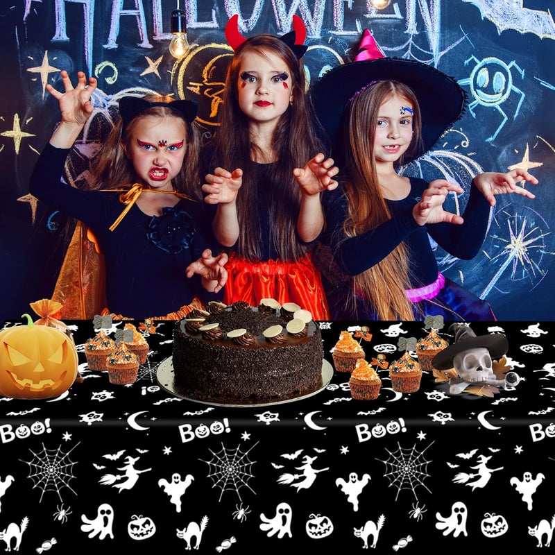 CUUSNNY Black Halloween Tablecloth,3 Pack Plastic Halloween Table Cloth with Ghosts,Pumpkins,Bats,Skeletons,Witch Patterns Disposable Table Cover for Party Supplies Spooky Decorations (54×108 Inches) - Image 4