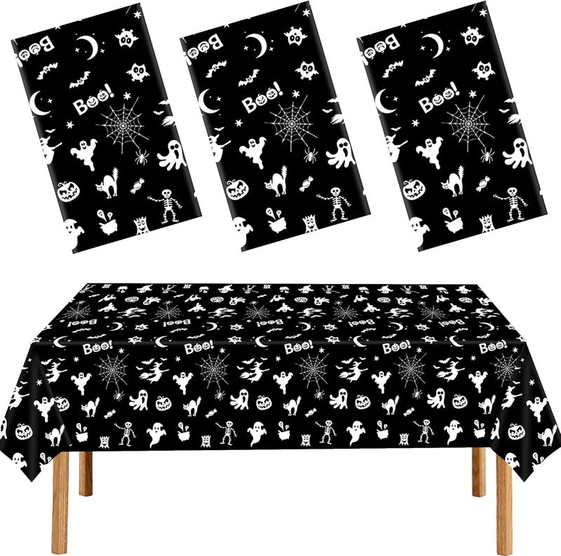 CUUSNNY Black Halloween Tablecloth,3 Pack Plastic Halloween Table Cloth with Ghosts,Pumpkins,Bats,Skeletons,Witch Patterns Disposable Table Cover for Party Supplies Spooky Decorations (54×108 Inches) - Image 1