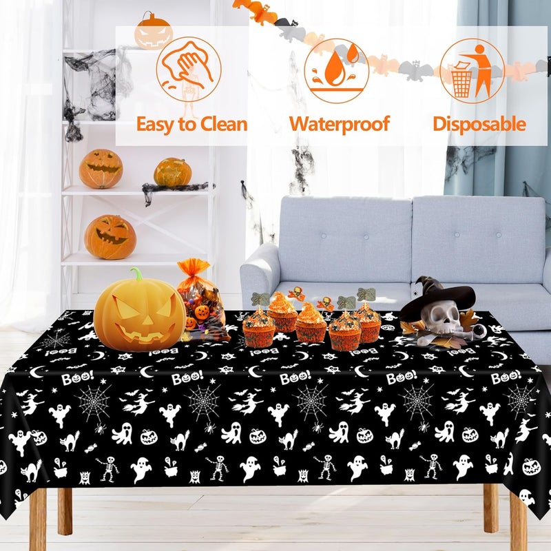 CUUSNNY Black Halloween Tablecloth,3 Pack Plastic Halloween Table Cloth with Ghosts,Pumpkins,Bats,Skeletons,Witch Patterns Disposable Table Cover for Party Supplies Spooky Decorations (54×108 Inches) - Image 2