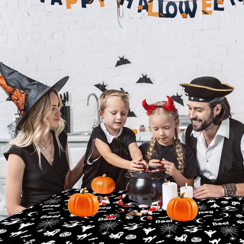 CUUSNNY Black Halloween Tablecloth,3 Pack Plastic Halloween Table Cloth with Ghosts,Pumpkins,Bats,Skeletons,Witch Patterns Disposable Table Cover for Party Supplies Spooky Decorations (54×108 Inches) - Image 5