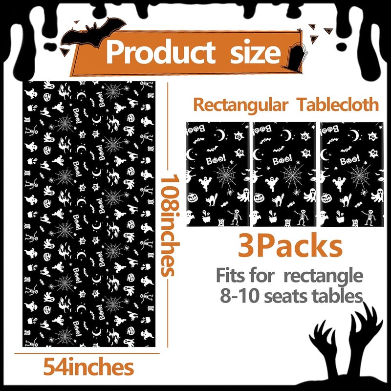 CUUSNNY Black Halloween Tablecloth,3 Pack Plastic Halloween Table Cloth with Ghosts,Pumpkins,Bats,Skeletons,Witch Patterns Disposable Table Cover for Party Supplies Spooky Decorations (54×108 Inches) - Image 3