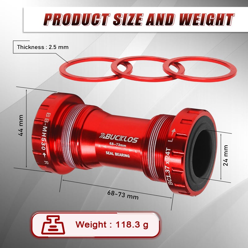 BUCKLOS Threaded/PressFit Bottom Bracket BSA 68-73mm/86-92mm -Ceramic/Steel Bearings(Black/Red) - Image 5