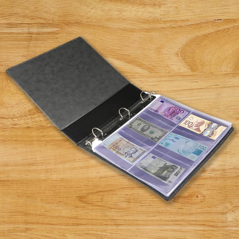 FIS Currency Album - Bonded Leather, 260x315mm, 3[D] Ring Binder with 6 Clear PVC Pockets, Black - Image 2