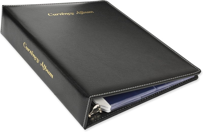 FIS Currency Album - Bonded Leather, 260x315mm, 3[D] Ring Binder with 6 Clear PVC Pockets, Black - Image 1
