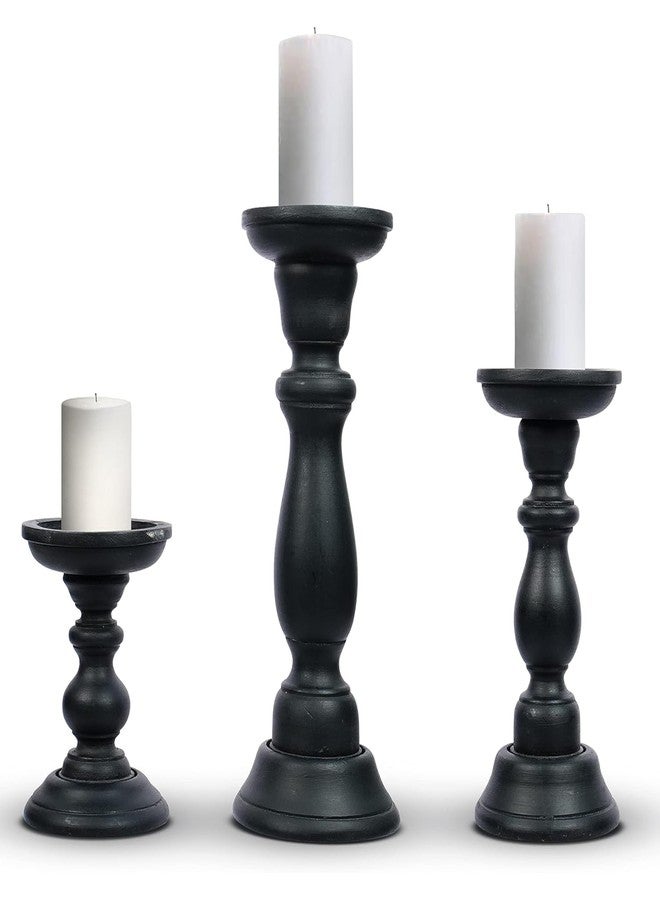 Mela Artisans 6”, 9” & 12” Mango Wood Pillar Candle Holder Set of 3 – Tuli Design Matte Black – Wooden Candle Holders for Table, Mantel & Living Room Décor - Image 1